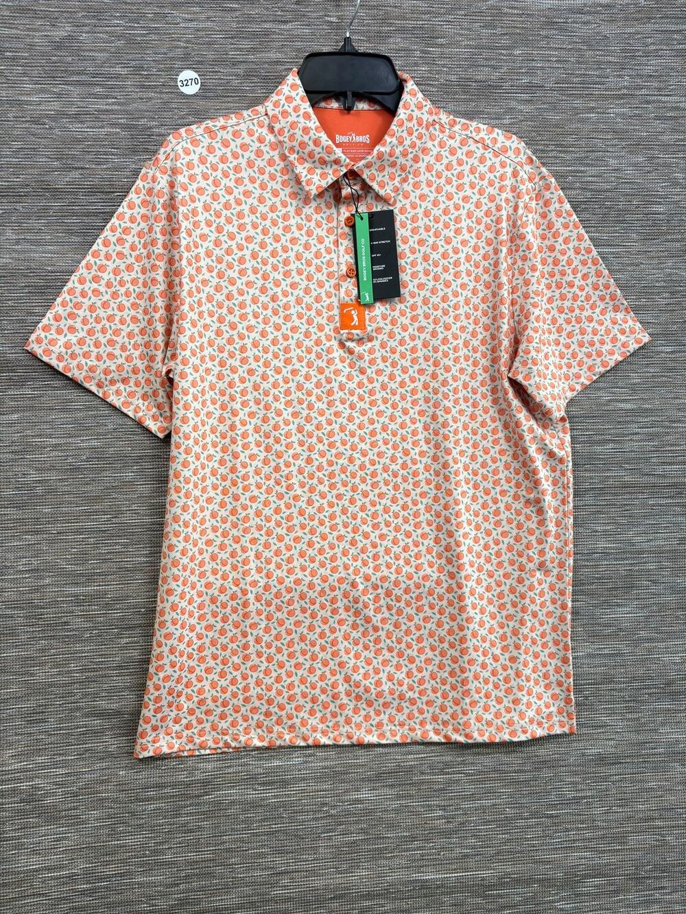 Bogey Bros Polo Shirt Mens M Orange Peach Print Performance Stretch Golf SPF 45+